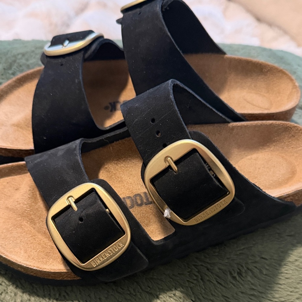Birkenstock Black Sandals with Brass Buckles